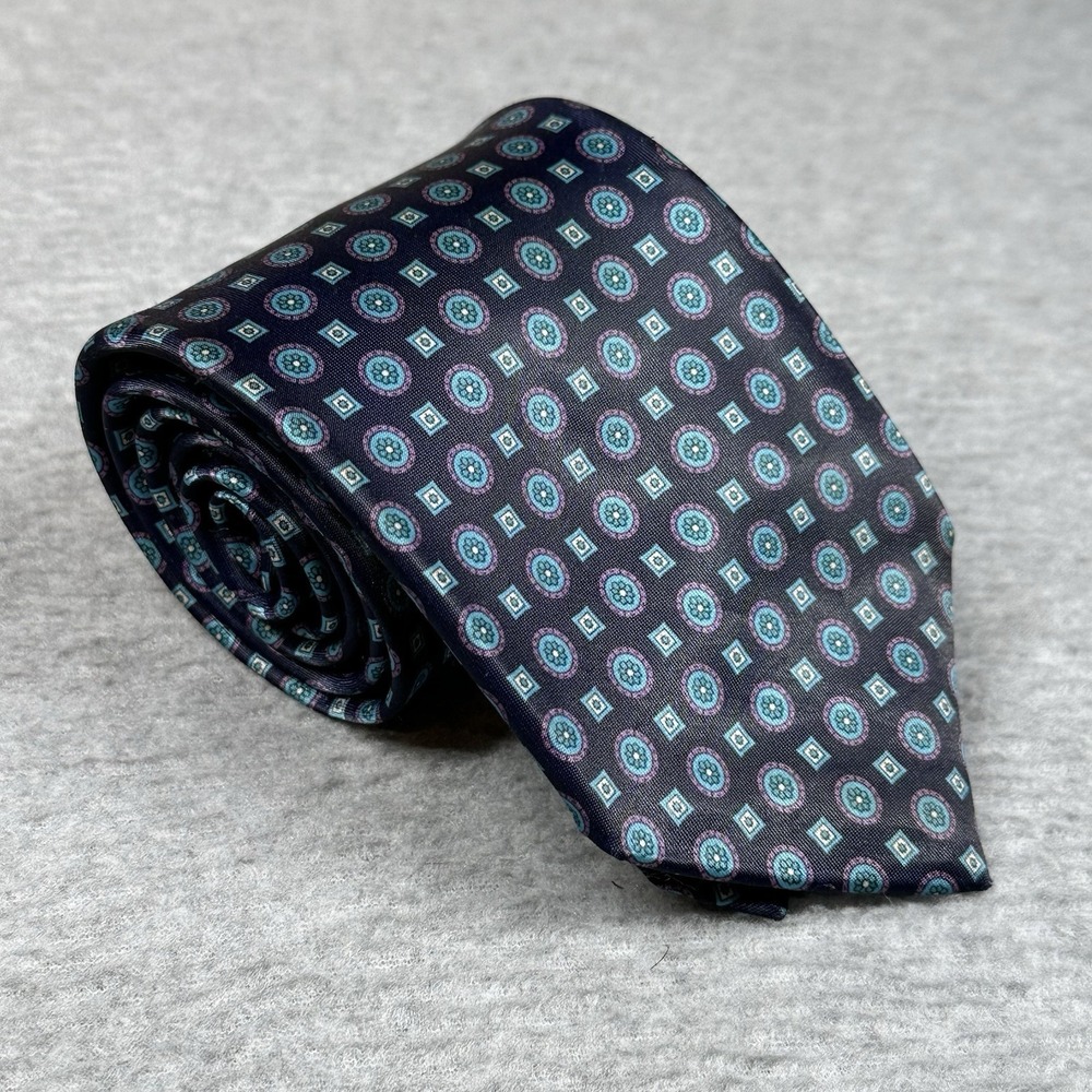 Oleg Cassini Polyester Mens Tie Navy Aqua Purple Medallion Geometric Pattern VTG